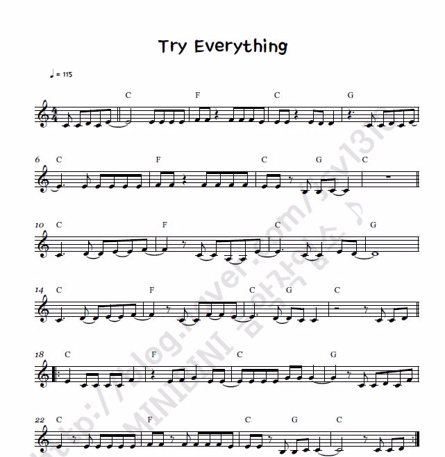 악보제작 초등학생 피아노레슨 주토피아 Ost 中 Try Everything 쉬운코드악보 네이버 블로그